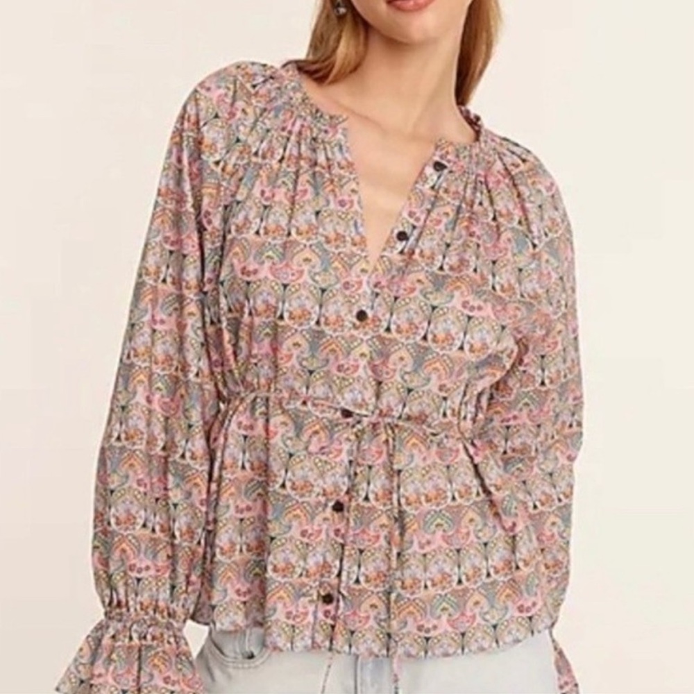 J. Crew Liberty Button Tie Waist Top Georgia Duke Ruffle Sleeve Paisley Preppy S